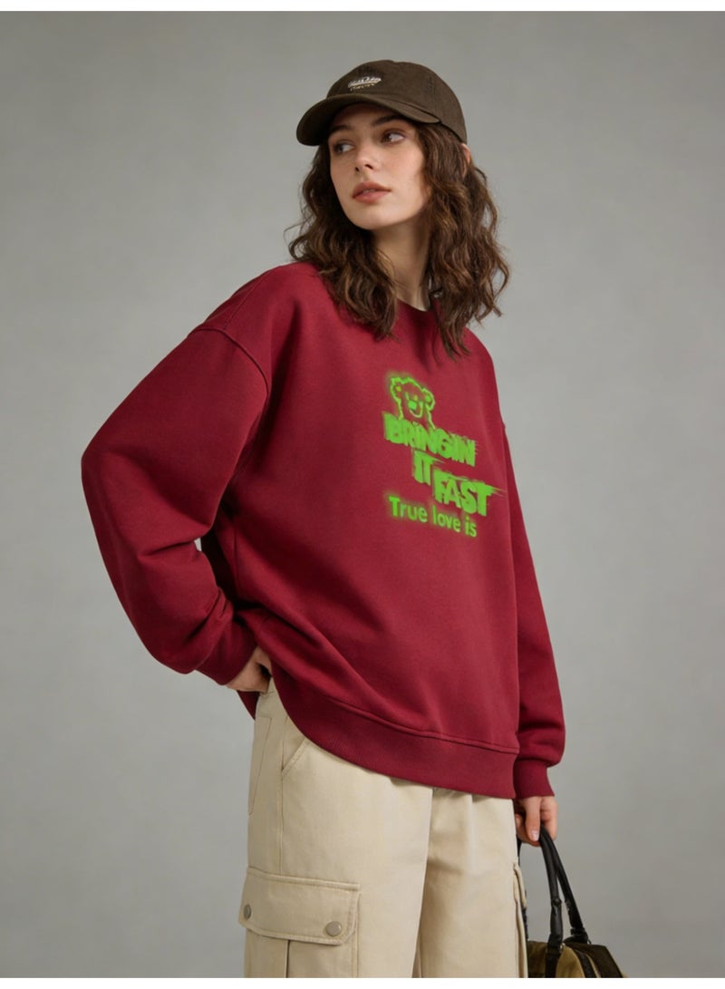 BM INS Burgundy "BRINGIN IT FAST" Neon Green Graffiti Oversized Crew Neck Sweatshirt | Unisex Pullover With "True love is" Slogan - Image 4